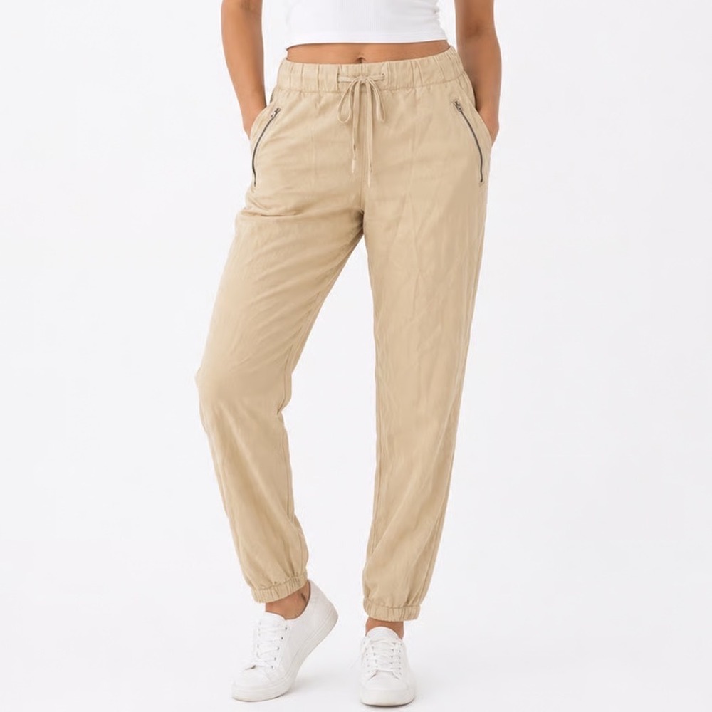 Sanctuary Tan Tencel Joggers Elastic Waist Zip Pocket Khaki Pants Large